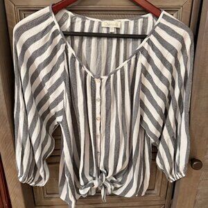 Chenault - Button Down Tie in Front Stiped Blouse 3/4 Sleeve Blue & White - L